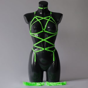 UV React Outfit, Neon UV Rave Outfit, Neon Green Rave Clothes, Festival Outfit, Neon Harness, Neon Lingerie, Neon Legs Accessory, Cage Body