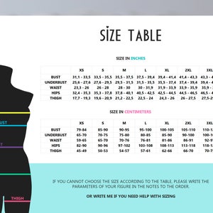 May include: Size table with measurements in inches and centimeters for bust, underbust, waist, hips, and thigh. Includes XS to 3XL sizes. Text at the bottom says to write figure parameters or ask for sizing help.