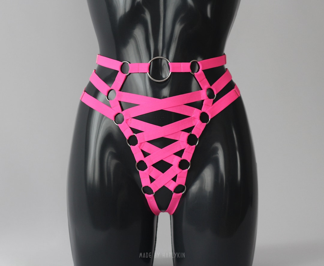 Glow Black Light Halter Bandeau & Cage Panty Neon Pink M-l