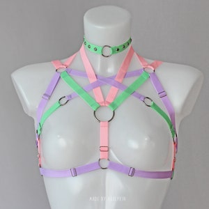 Festival Harness Top and Choker, Pastel Harness, Rave Outfit, Colorful Clothes, Festival Outfit, Pastel Goth Harness, Сosplay Bondage