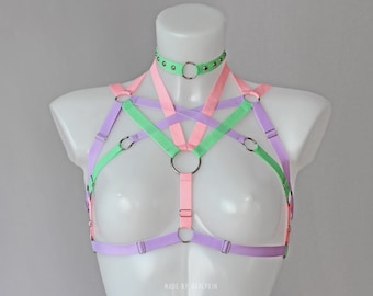 Festival Harness Top and Choker, Pastel Harness, Rave Outfit, Colorful Clothes, Festival Outfit, Pastel Goth Harness, Сosplay Bondage