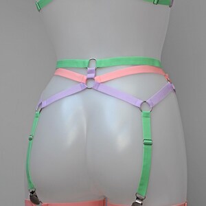 May include: A pastel-coloured garter belt with green, pink and purple straps. The straps are connected with metal rings and have adjustable buckles.