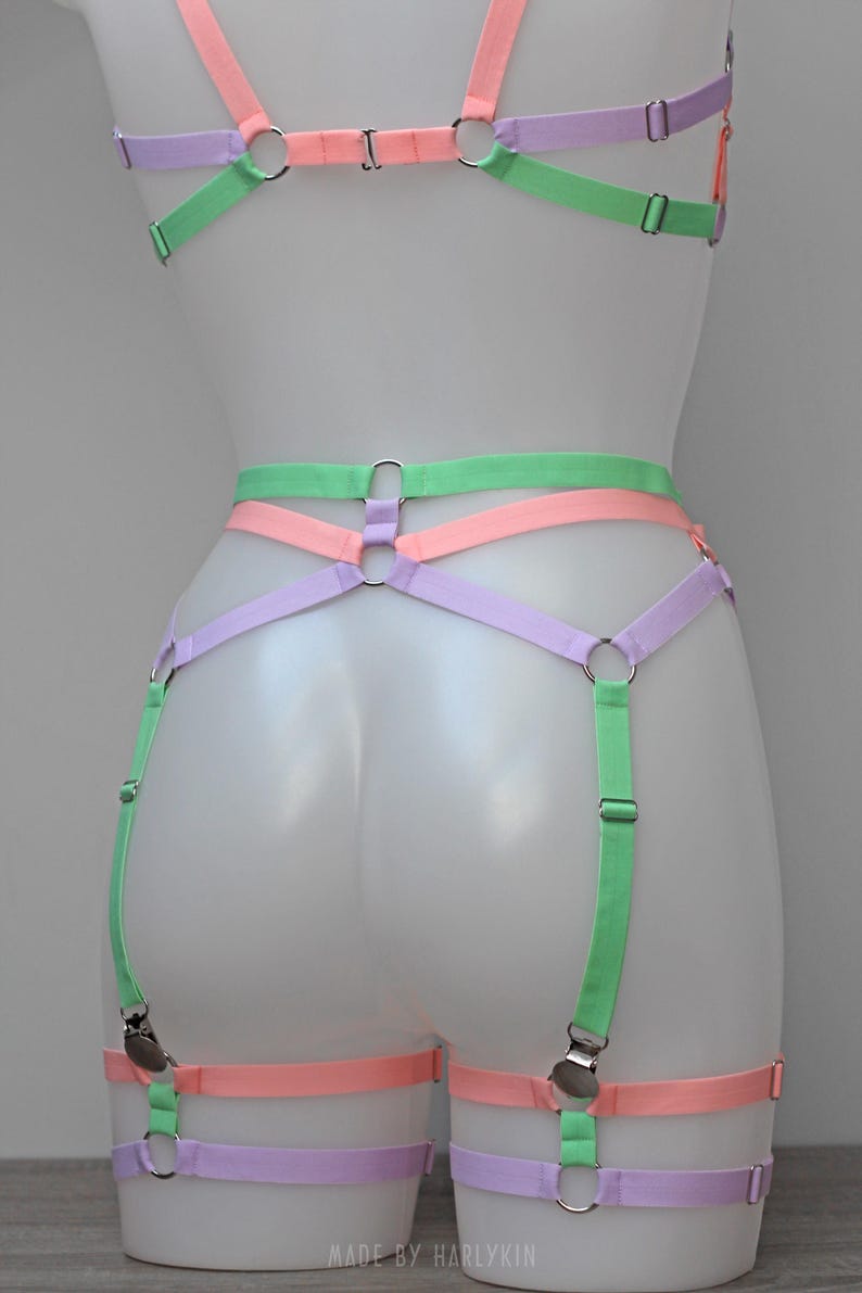 May include: A pastel-coloured garter belt with green, pink and purple straps. The straps are connected with metal rings and have adjustable buckles.