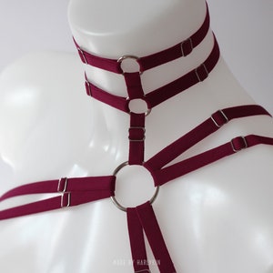 May include: Burgundy colored harness with multiple straps and silver metal rings. The harness has a choker style neckline with two straps and a ring.  The straps are adjustable with silver metal buckles.  The harness is made by Hardykin.