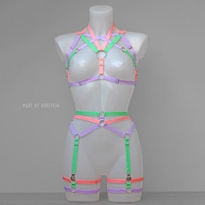 Multicolored set features a unisex design and is perfect as a rave outfit for men!