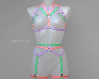 May include: A pastel pink, green, and purple harness set with metal rings. The harness is made of ribbon and has a halter top style. The set includes a garter belt and thigh straps.
