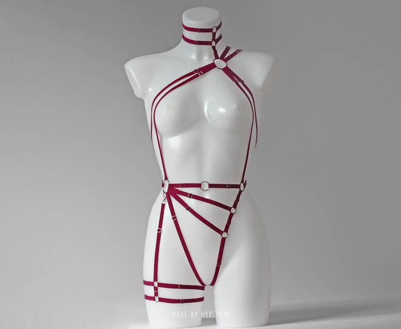 May include: A burgundy-colored body harness with silver rings and straps. The harness is designed to be worn on the torso and includes straps that go around the legs. The harness is made of a soft, stretchy material and is adjustable to fit most body types. "MADE BY HARLYKIN" is printed on the bottom of the image.
