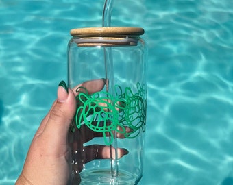 Can shaped 16oz drinking glass, sea turtle vinyl decoration with straw