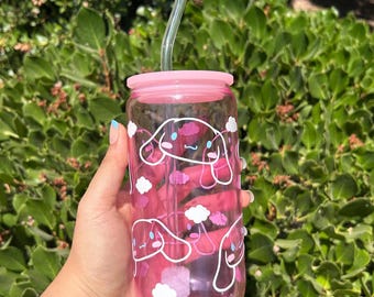 Can shaped 16oz pink  glass, inspired by CinnamonRoll Hello Kitty