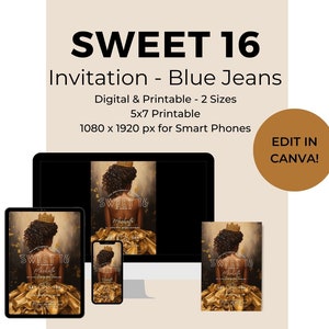 Sweet 16 verjaardagsuitnodiging, zwart meisje, gouden jurk, digitale sjabloon, 2 links voor directe download, print of deel via mobiel apparaat