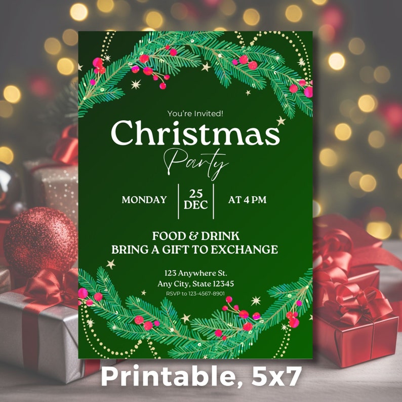Green Christmas Party Invitation Template Digital and - Etsy