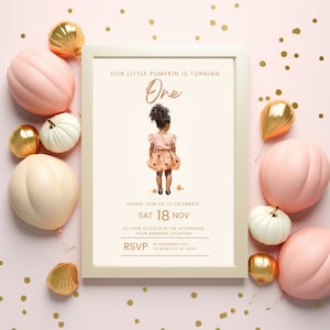 Nuestra pequeña invitación de cumpleaños de calabaza 1, invitación de calabaza de niña, otoño otoño 1er cumpleaños, rosa y naranja, niña negra