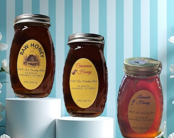 9 oz raw local honey in glass skept- 3 choices