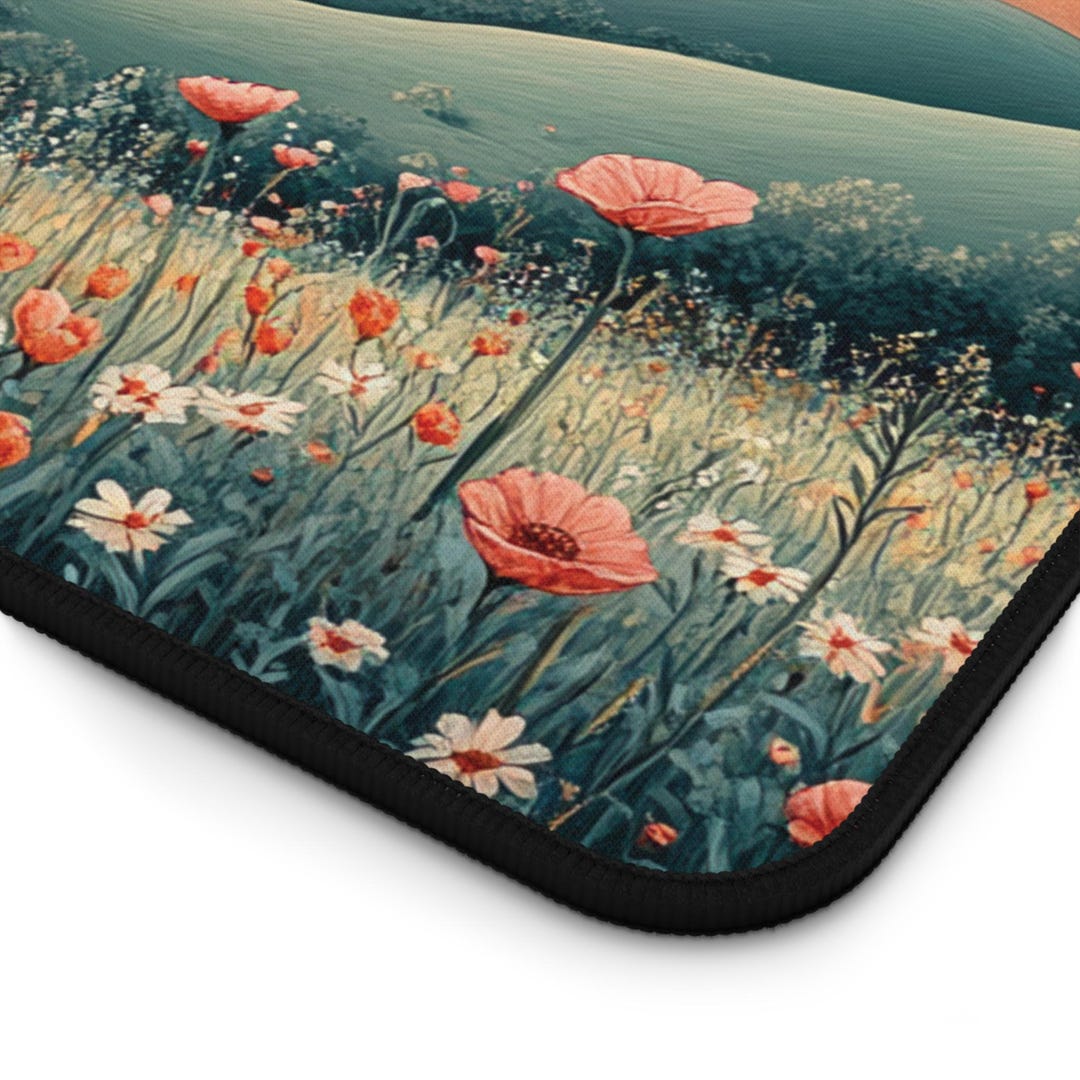 Cottagecore Desk Mat, Pastel Rolling Hills Wildflower Meadow Sunset ...