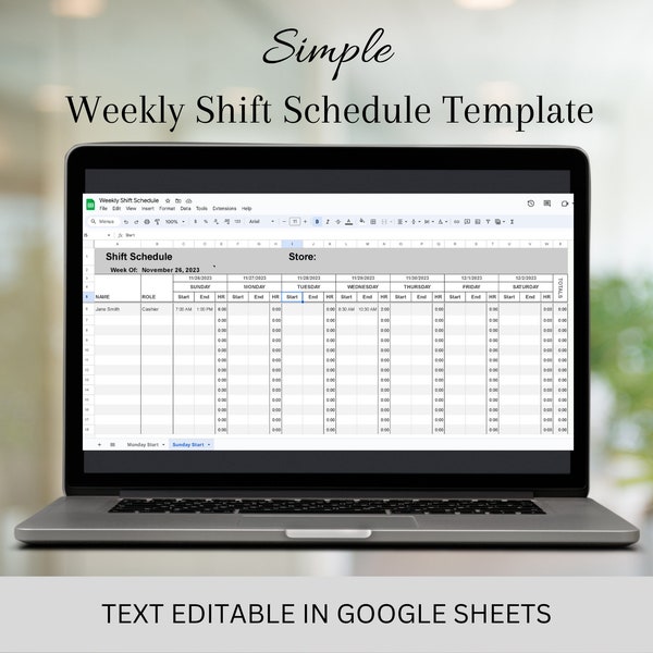 Google Sheets Weekly Shift Schedule Template Calendar, Text Fillable Spreadsheet Updatable by Week. Sun/Mon Starts. Gray. Excel File Incl.