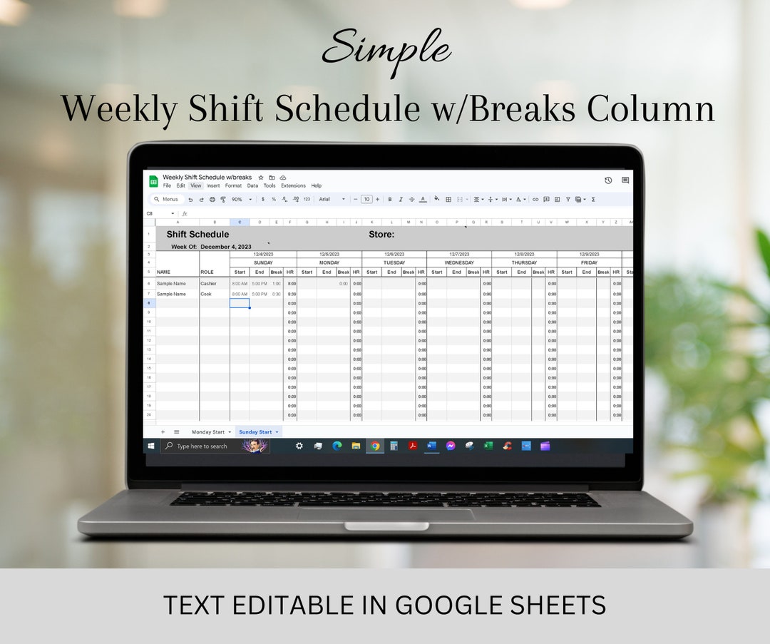 Weekly Shift Schedule Template With Breaks, Google Sheets & Excel - Etsy