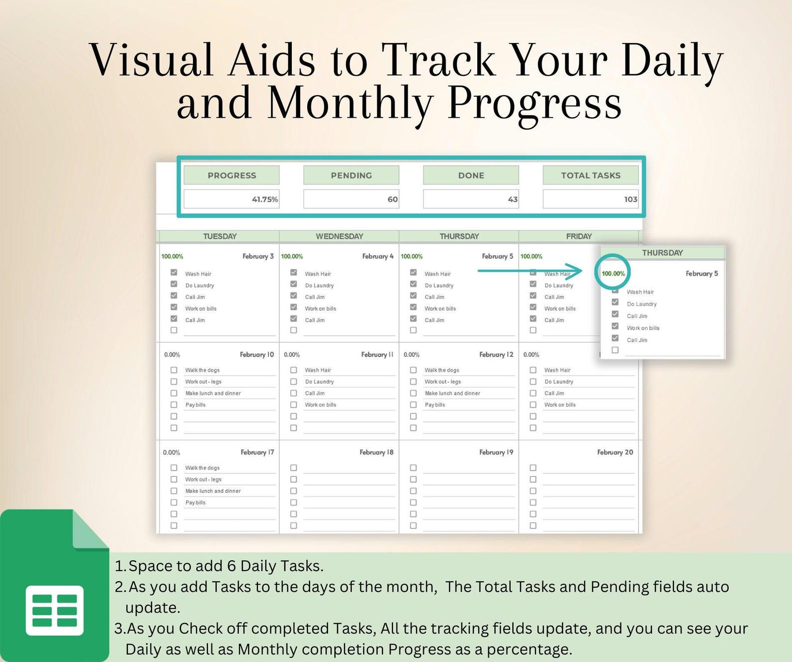 Monthly Calendar Spreadsheet Google Sheets Template, Task Tracker ...