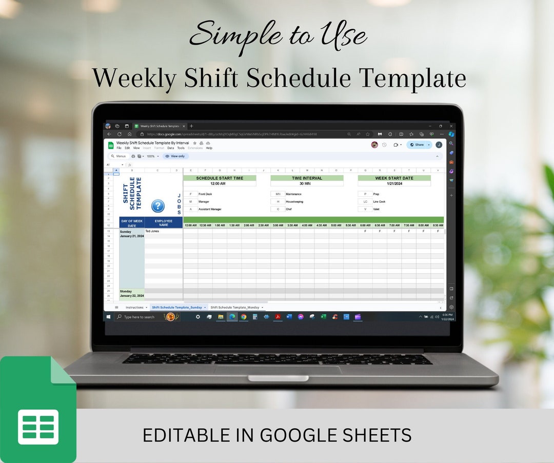 Weekly Shift Schedule Template, Editable Google Sheets (digital ...