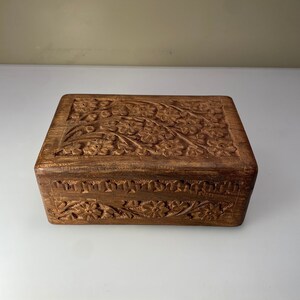 Vintage Hand Carved Wooden Box with Flower Pattern on Lid. Jewelry/Trinket Box Metal Hinges and Royal Blue Fabric Interior. 1970 Rare Find.