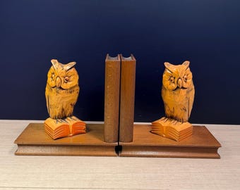 Vintage Hand Carved Wooden Owl Bookends Standing on Books