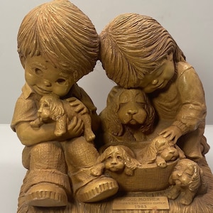 Vintage FannyKins 1980s Bill Mack Figurines, Proud Mother Figurine Young Girl & Boy With New Puppies FannyKins Figurines