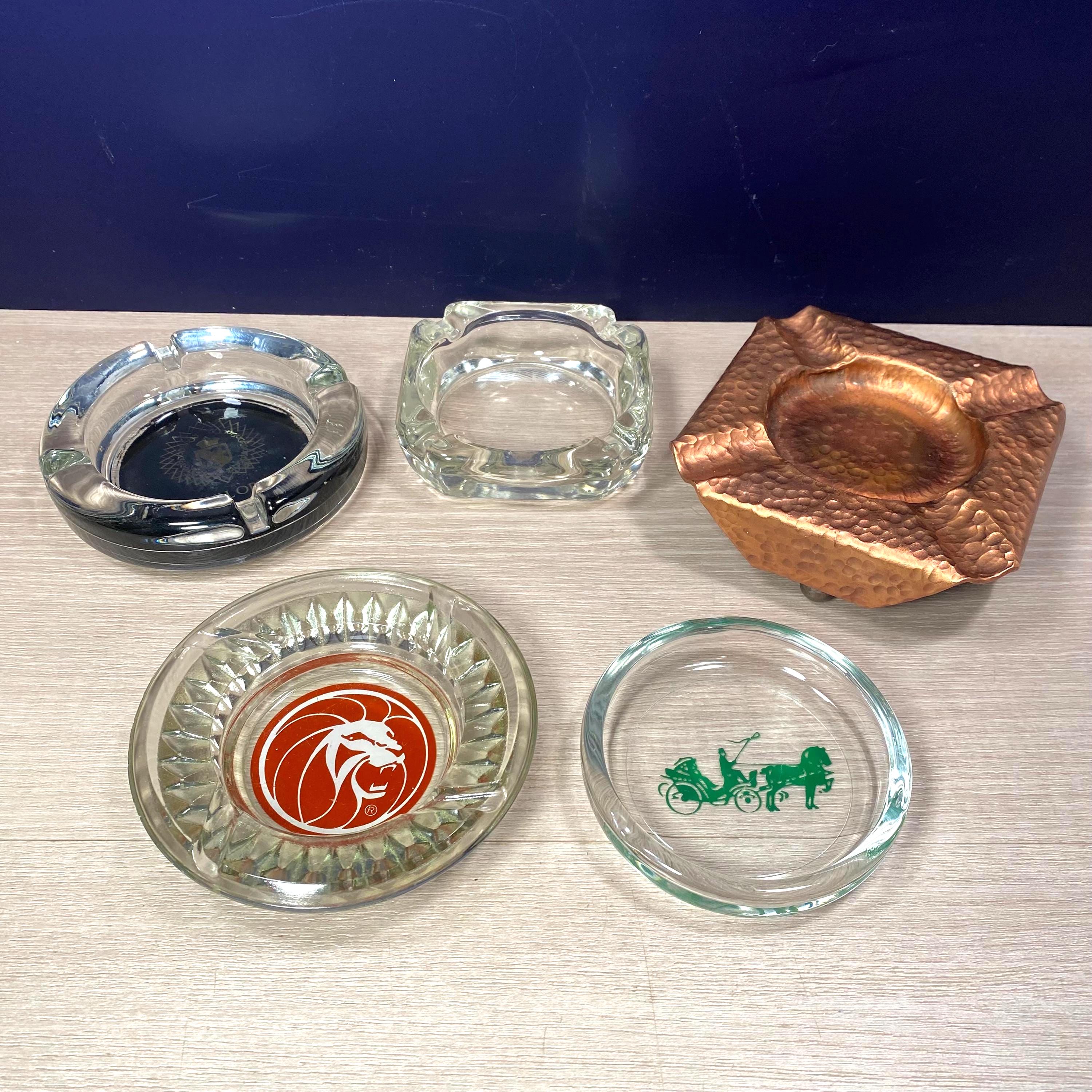 Vintage Ashtray Set - Mid-century Glass & Hammered Copper, Retro