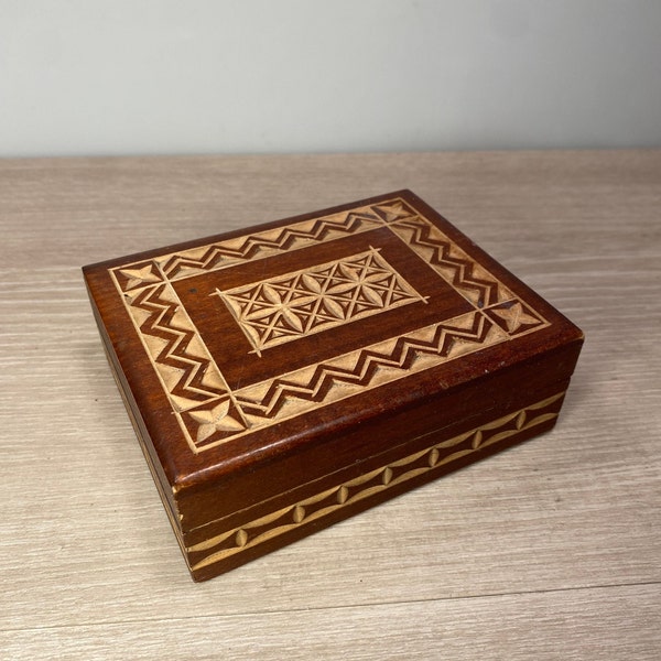 Vintage Hand Carved Wooden Box with Geometric Pattern on Lid. Jewelry/Trinket Box Metal Hinges and All Wood Interior. 1970 Rare Find.