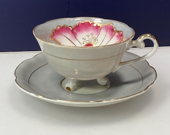 Vintage Kasuga Lusterware Tea Cup Set | Hand-Painted Pink Rose, Japan