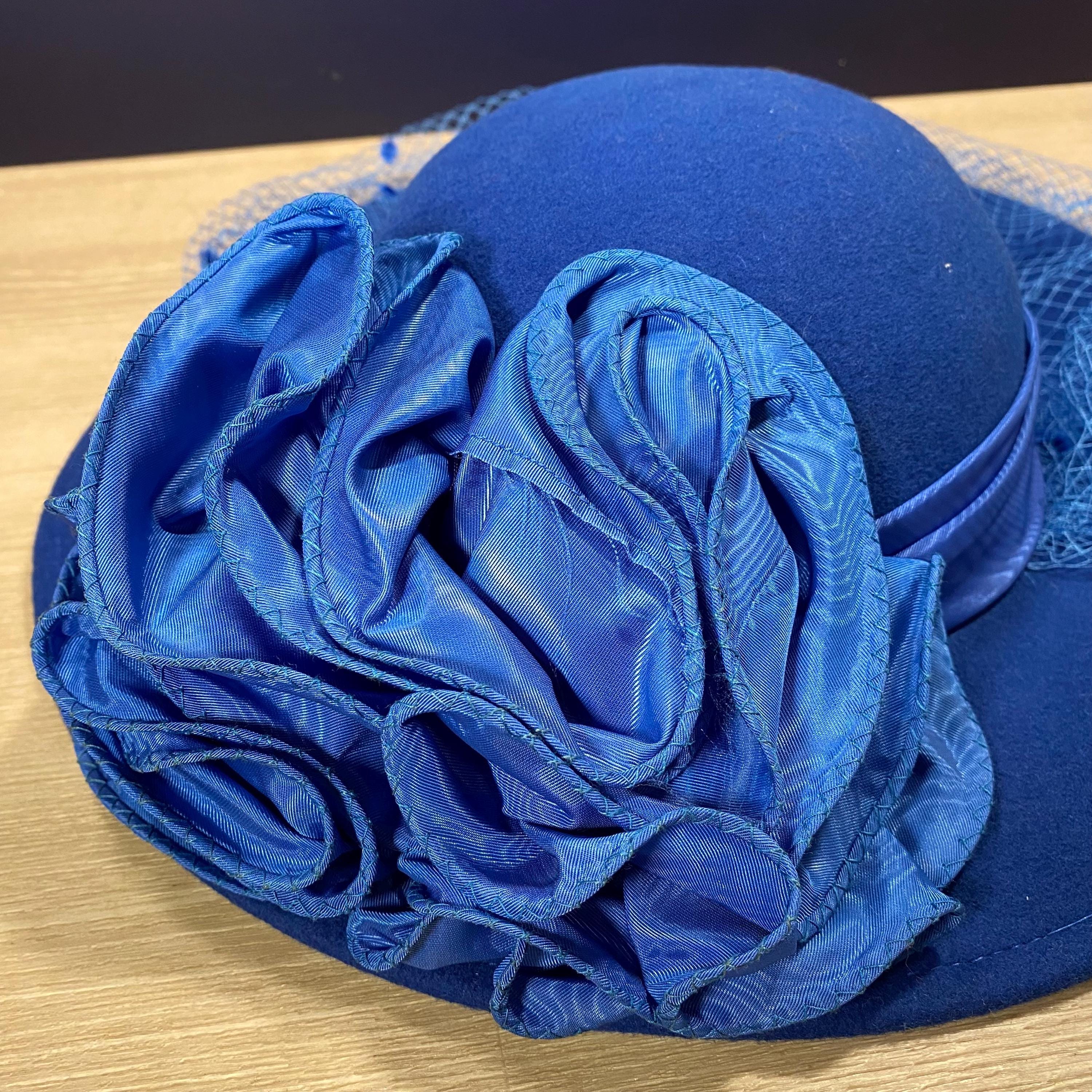 Sonni San Francisco 100% Wool Felt Elegant Navy Blue Women\'s Hat with Veil Vintage 1980s Navy Blue Wide Brim Felt Hat, Gold Flowers  main image 2
