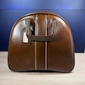 Vintage Colonial Bowling Bag, Chocolate Brown Vinyl MCM Tombstone Style Tote