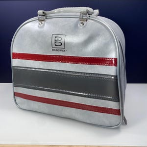 Vintage Brunswick Bowling Bag, Retro 1970s 80s Large Size, Wire Ball Rack Grey and Burgundy Striped Faux Leather