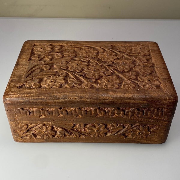 Vintage Hand Carved Wooden Box with Flower Pattern Jewelry/Trinket Box Metal Hinges and Royal Blue Fabric Interior.