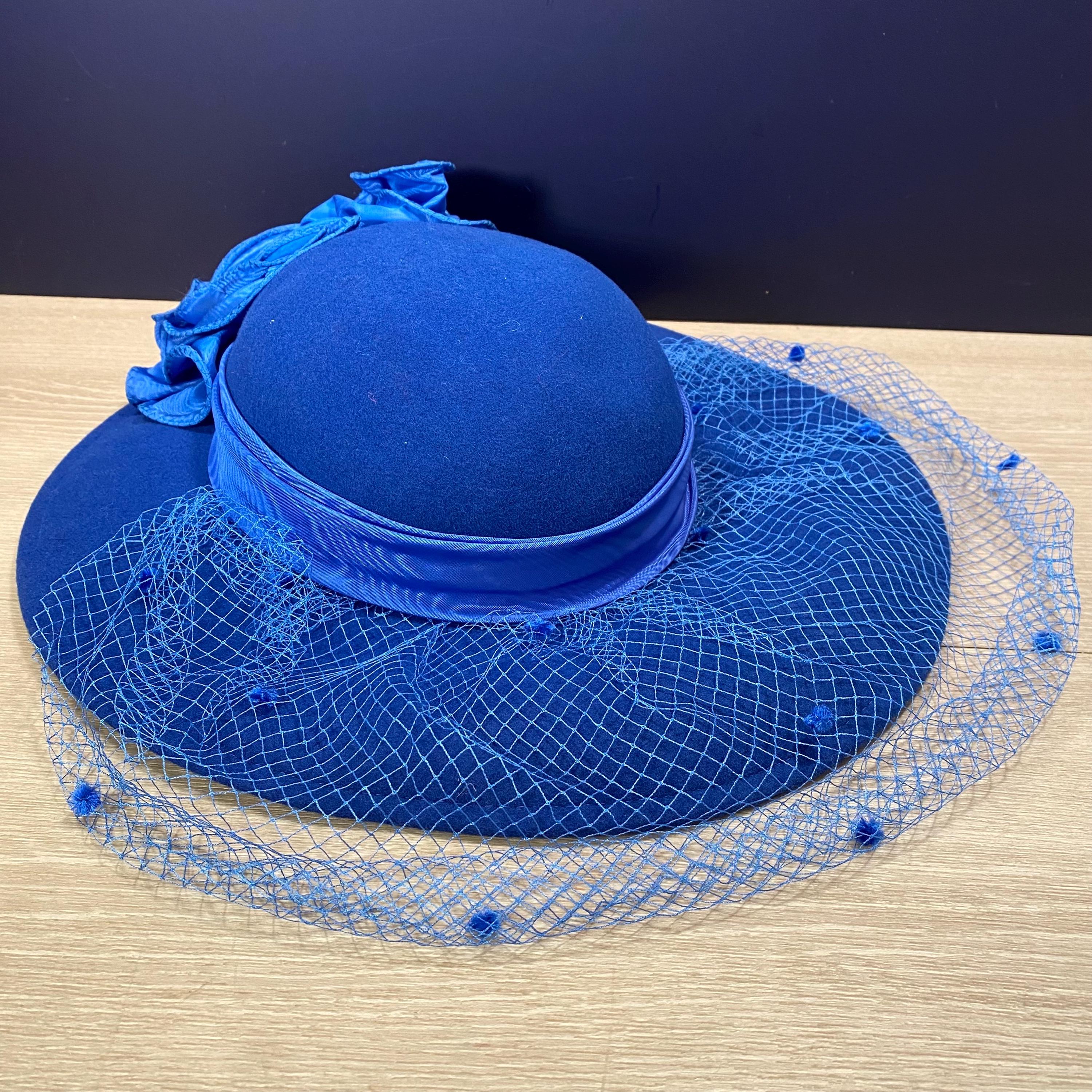 Cloche Hat: Ruffle Flower & Veil, Sonni San Francisco Lancaster Vintage Blue Wool