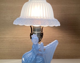 Vintage Lady Playing Harp Blue Glass Boudoir Bedroom Lamp Home & Living Lighting Lamps Great Gift Under Fifty Dollars