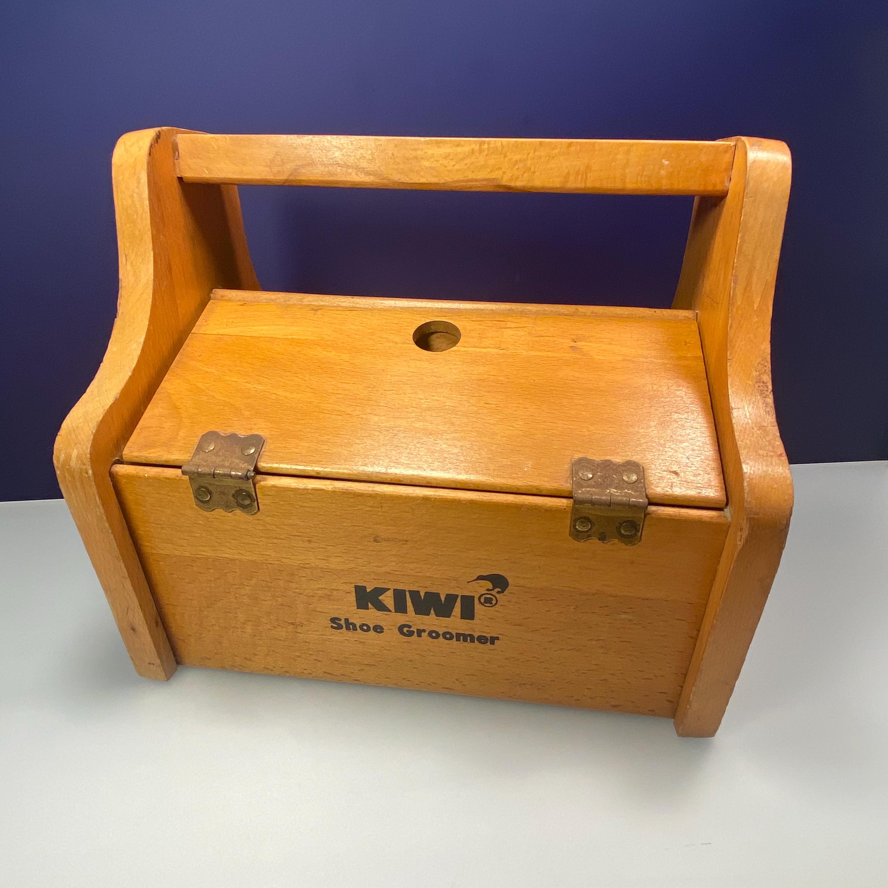 Vintage Wood Shoe Shine Box: Kiwi Brand, Horsehair Brushes, Foot