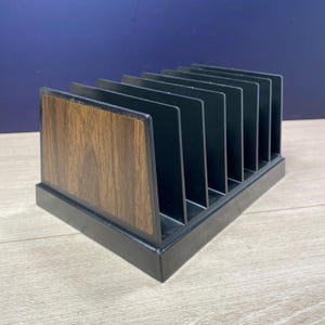Mid Century Modern Desk Organizer: Faux Wood & Black Plastic Office Caddy