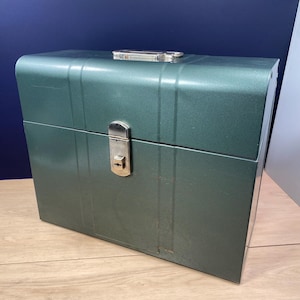 Vintage Climax Metal Strong Box, Industrial Decor, Teal Green Steel Cash Box, Storage Trunk 1950s 60s Portable File Storage Case With Key