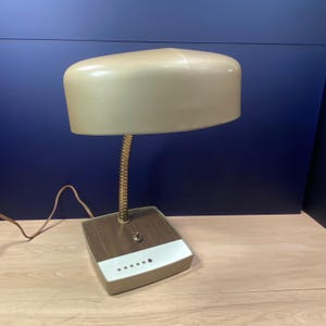 Vintage Desk Lamp Industrial Machine Age Metal Gooseneck Hood Light Mid Century Modern Gold Office Decor, Reading Lamp