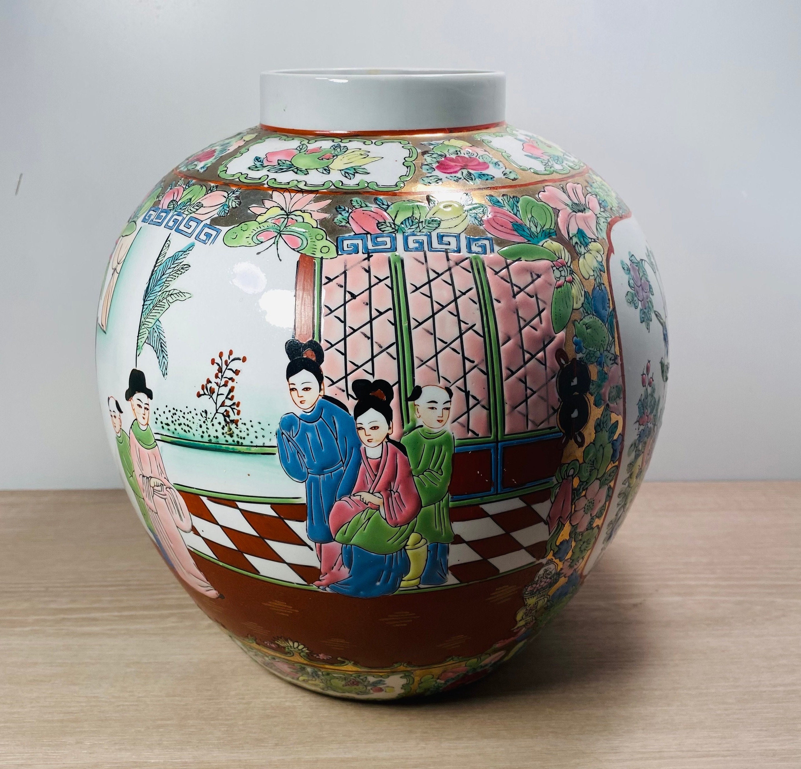 ヴィンテージ中国磁器花瓶：手描きの芸者、鳥、花のデザイン - Etsy 日本