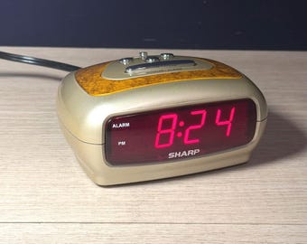 Vintage Sharp SPC1235 Faux Wood Gold Alarm Clock | Red LED Desk Decor
