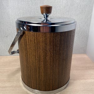 Vintage Ice Bucket Large Kromex Ice Bucket Chrome and Wood Grain with Lid Made in USA, MCM Barware