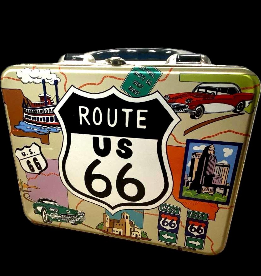 Vintage Route 66 Tin Lunch Box, With Four Collectible Cars and Map