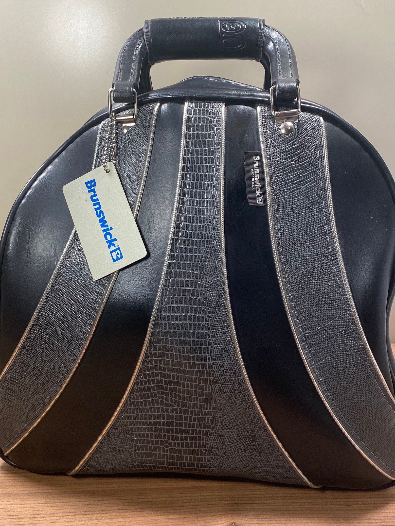 Vintage Brunswick Bowling Bag Retro Black Embossed Lizard Skin Pattern with  Silver Piping Bowling Ball Bag