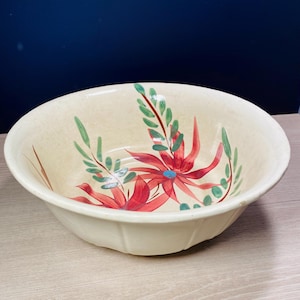 Può includere: Ciotola in ceramica color crema con un motivo floreale dipinto a mano. I fiori sono rossi con centri blu e foglie verdi. La ciotola ha un bordo smerlato, adatta per servire o esporre.