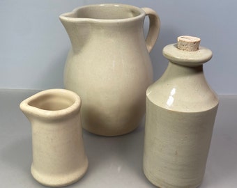 Vintage Robinson Ransbottom Pottery Pitcher, Creamer, and Oil and Vinegar Stoneware Roseville  Made in USA Roseville OH. Kitchen Decor.