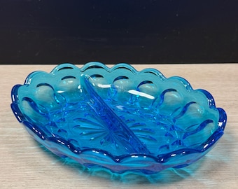 ヴィンテージ インディアナ グラス ウィンザー レリッシュ ディッシュ | MCM マリンブルー スターバースト パターン トレイ