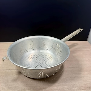 Vintage Silver Aluminum Long Handle Colander | 9.5" Star Pattern Pot Hook Strainer | Rustic Farmhouse Kitchenware