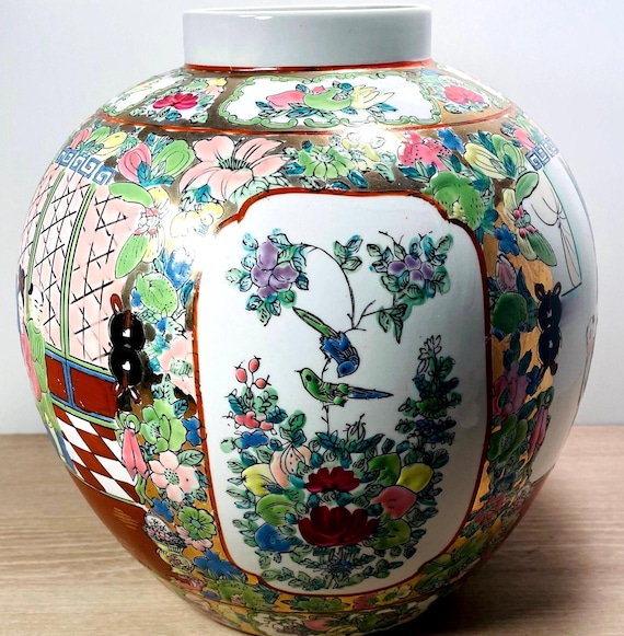 ヴィンテージ中国磁器花瓶：手描きの芸者、鳥、花柄デザイン - Etsy 日本