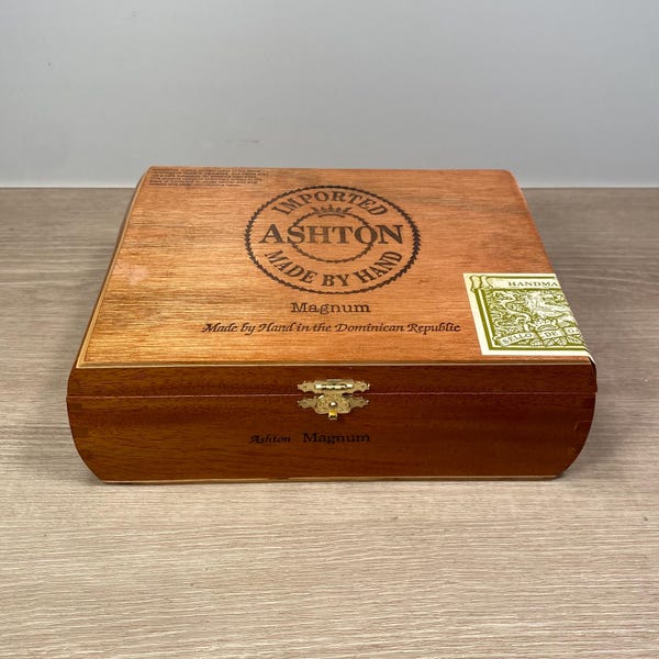 Caja de puros vintage, caja de madera con bisagras, caja de madera de cola de milano de color teca con tapa de metal con bisagras, caja de baratijas, caja pequeña para guardar cartas del tesoro.