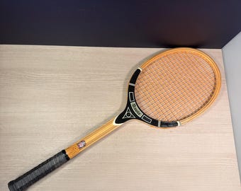 Racchetta da tennis vintage in legno T.A. Davis, anni '60, laminazione a venatura incrociata, prodotta in California.
